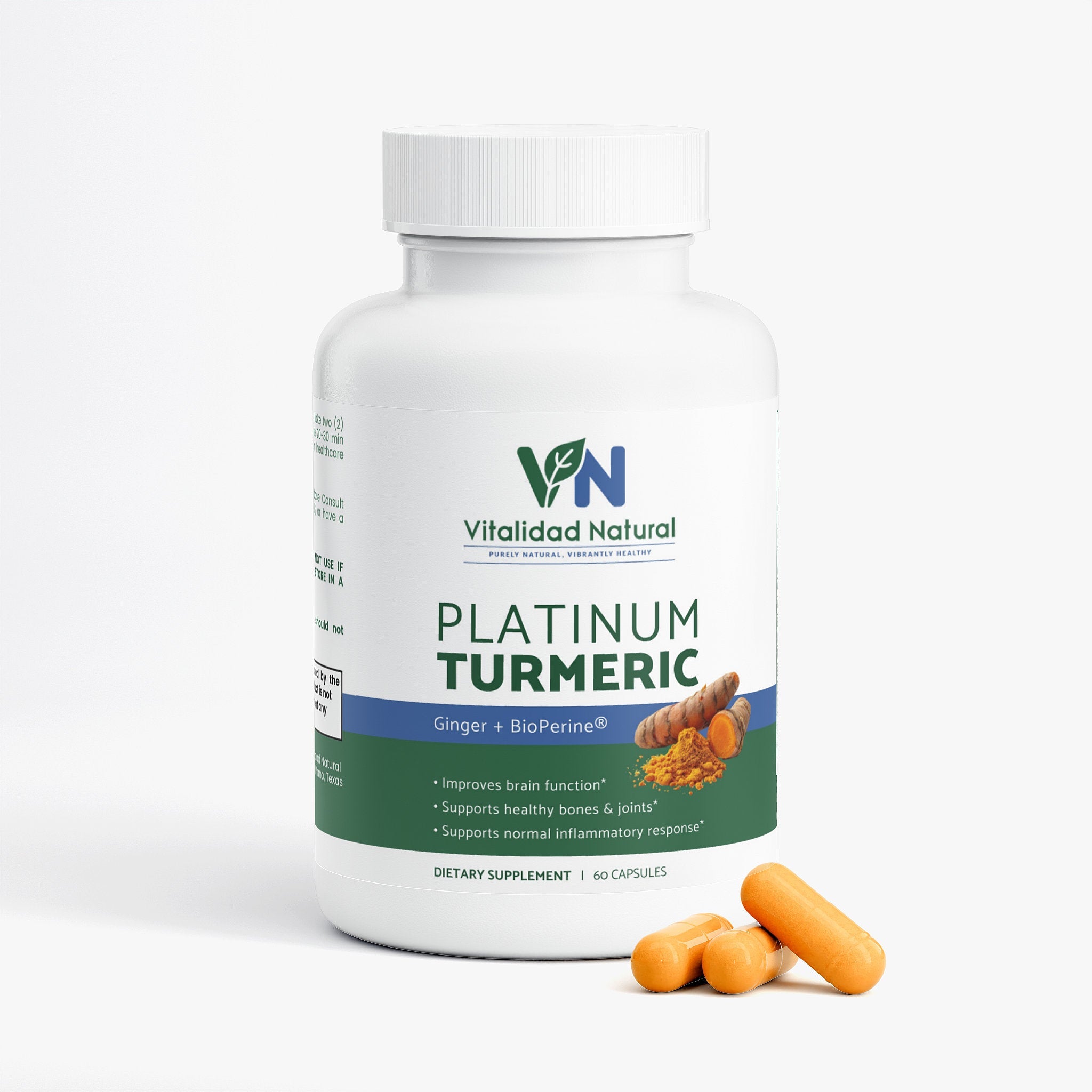 Vitalidad Natural Platinum Turmeric supplement bottle with label, promoting health and wellness with turmeric capsules.