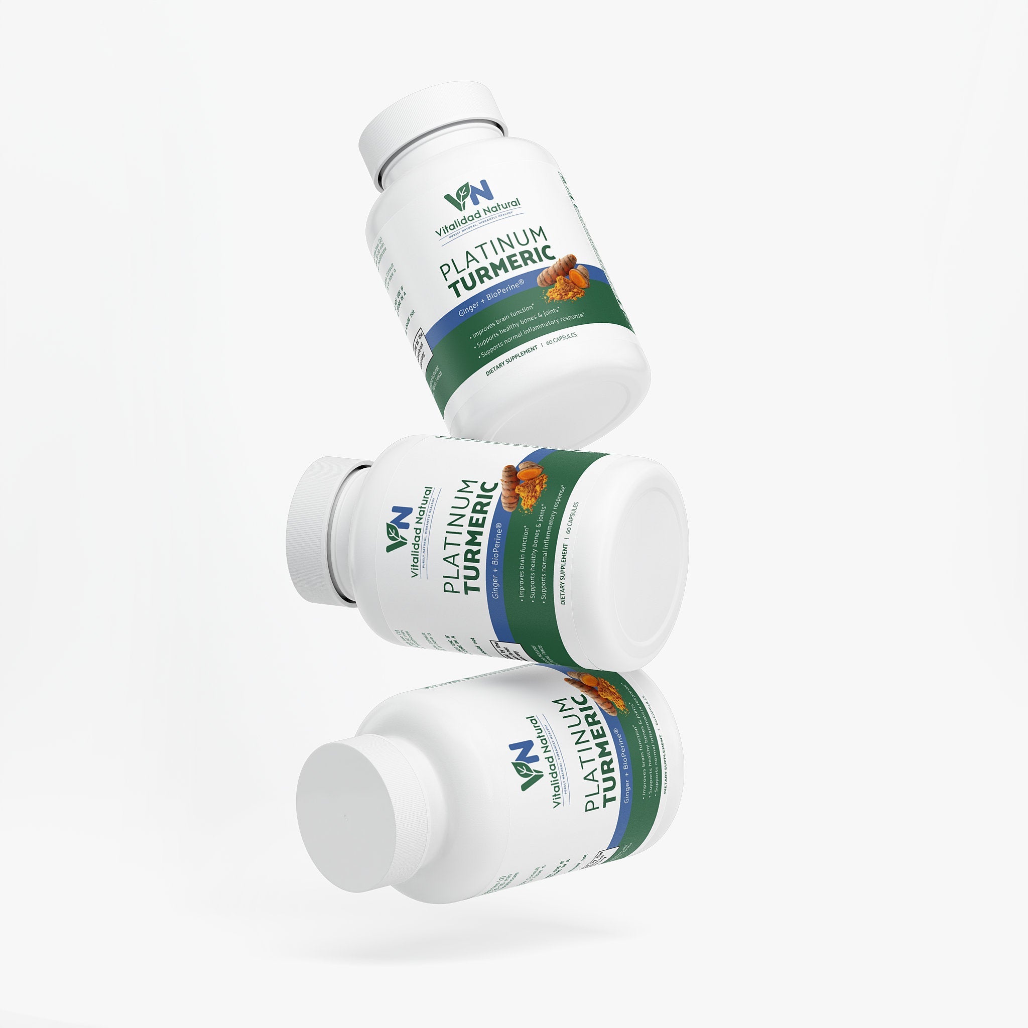 Vitalidad Natural Platinum Turmeric supplement bottle with label, showcasing health and beauty vitamins and supplement packaging.