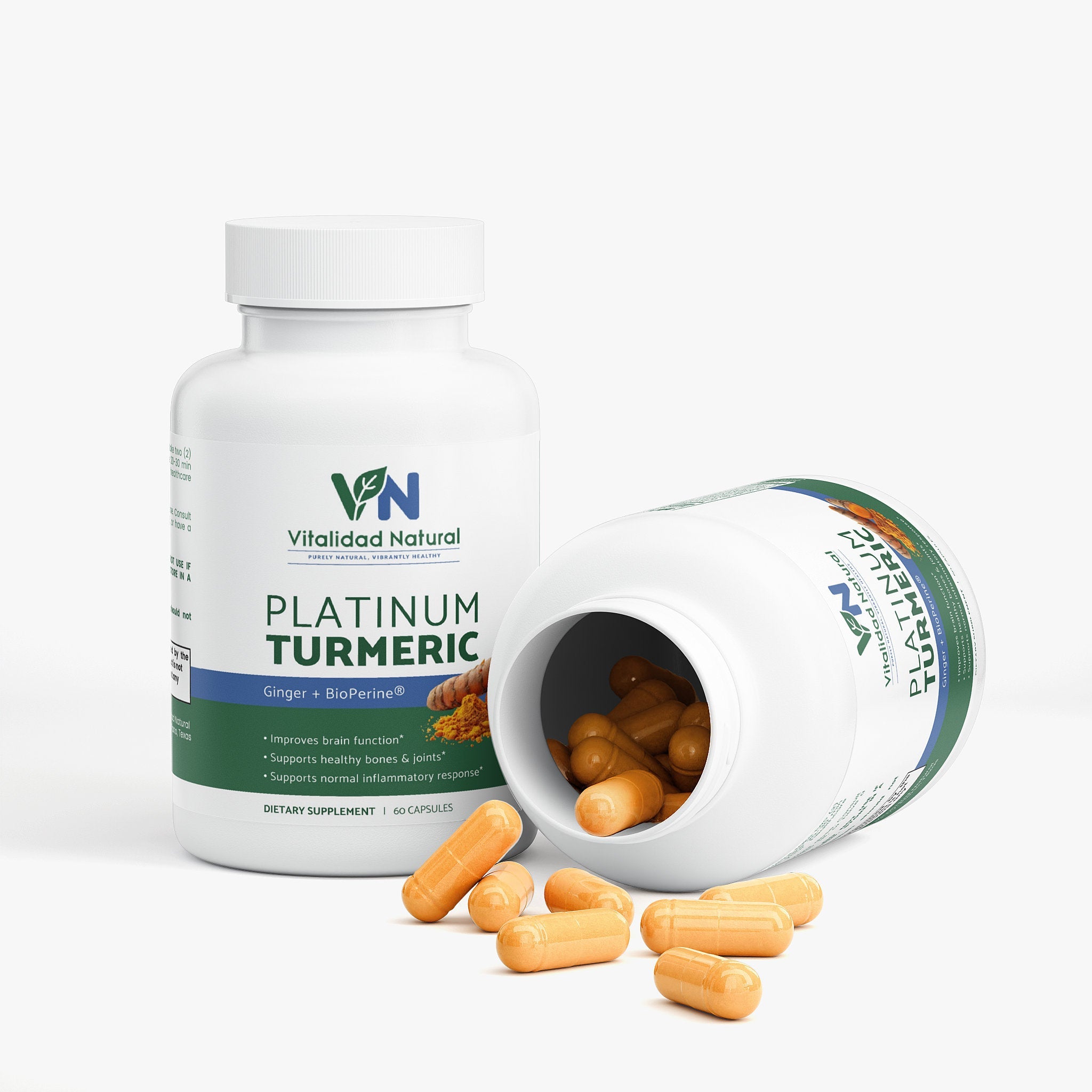 Vitalidad Natural Platinum Turmeric supplement bottle with label, promoting health and wellness benefits.