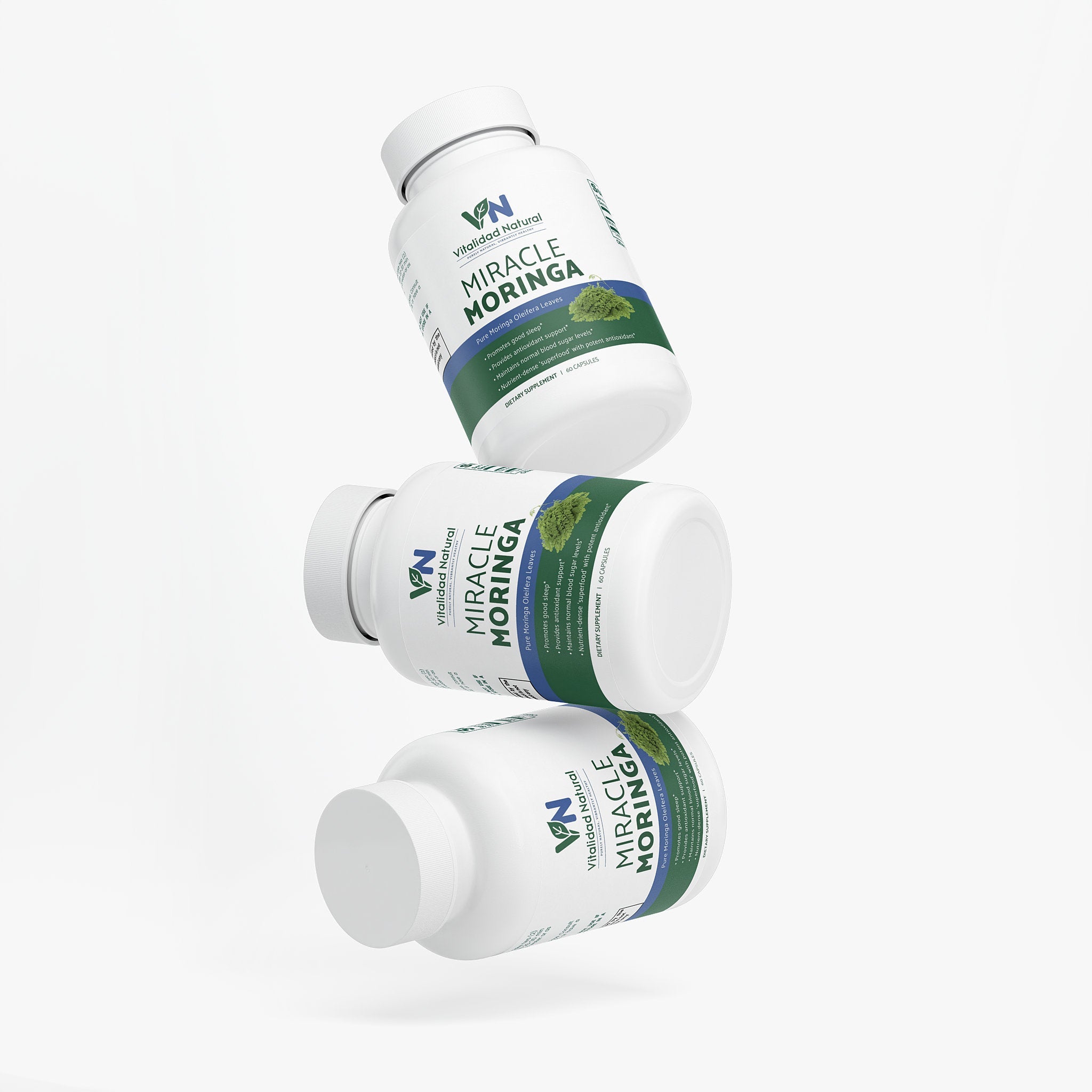 Vitalidad Natural Moringa Pure supplement bottle with label showing product details and branding.