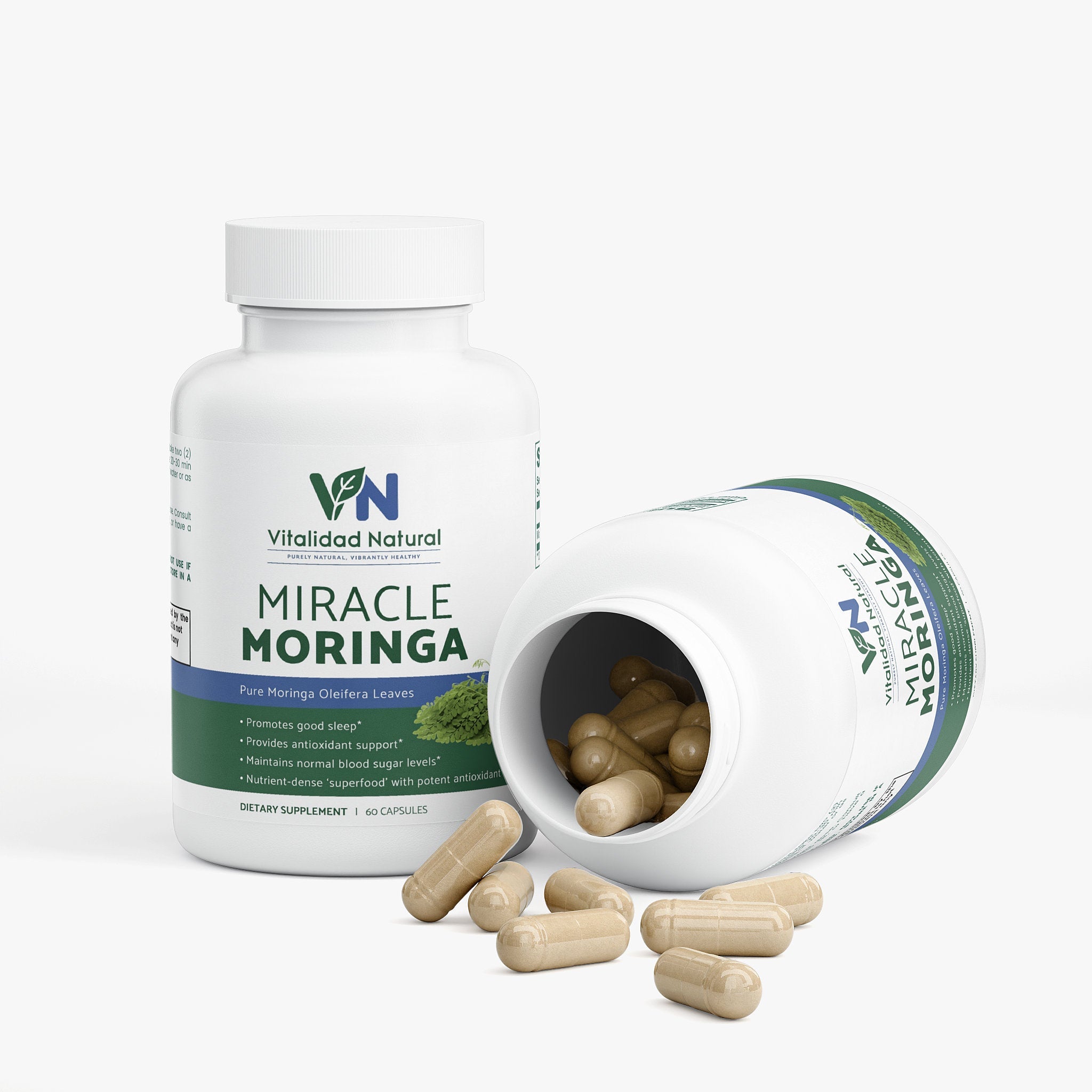Vitalidad Natural Moringa Pure supplement bottle with label showing green Moringa leaves, dietary supplement for health support.