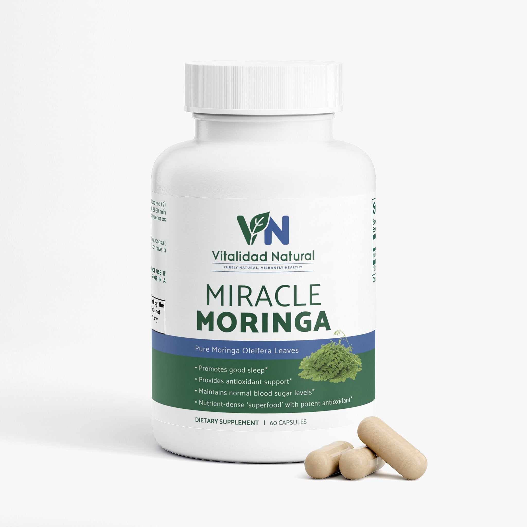 Vitalidad Natural Moringa Pure supplement label showing product name and branding on a clean label background.