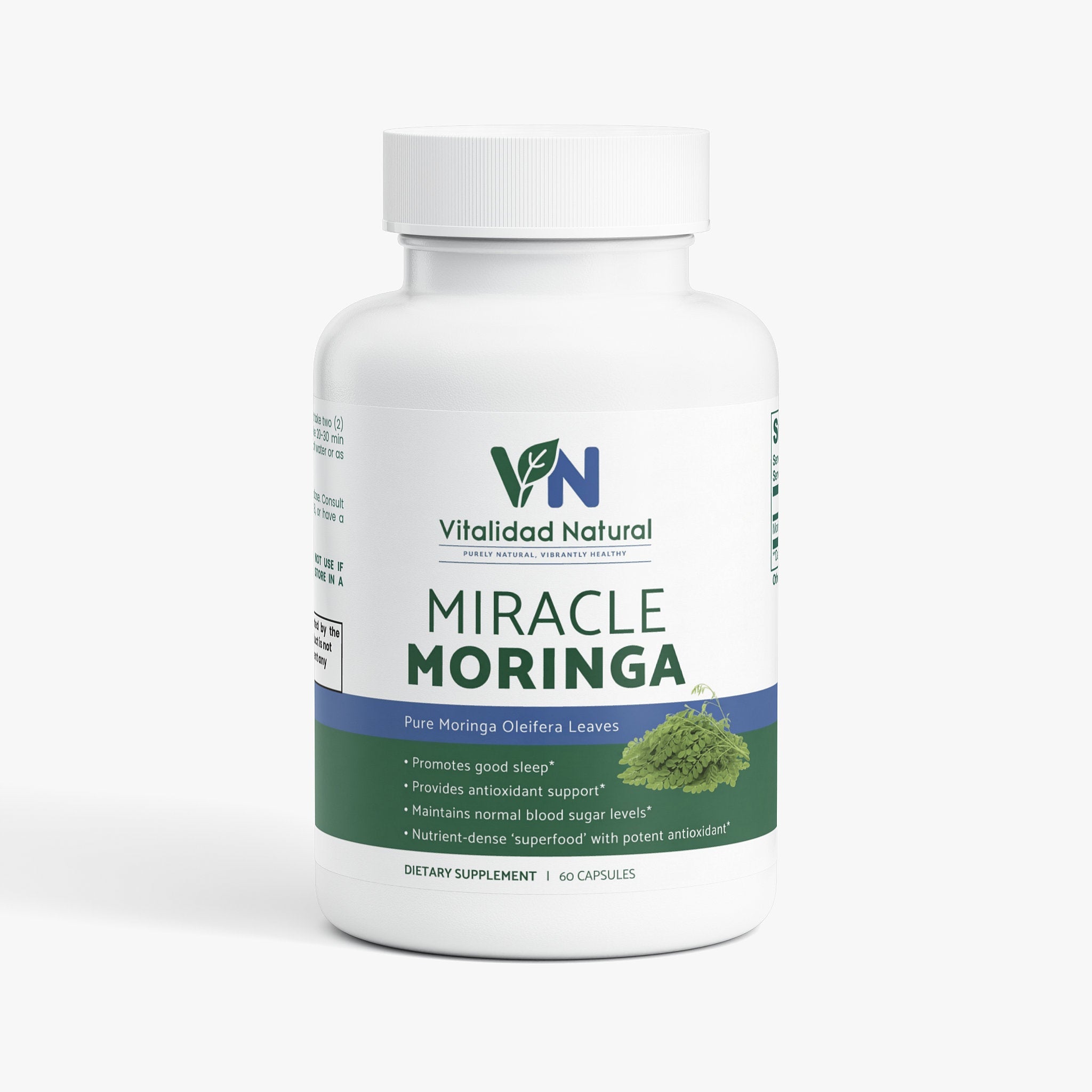Vitalidad Natural Moringa Pure bottle with label, showcasing organic Moringa supplement in a clear container.