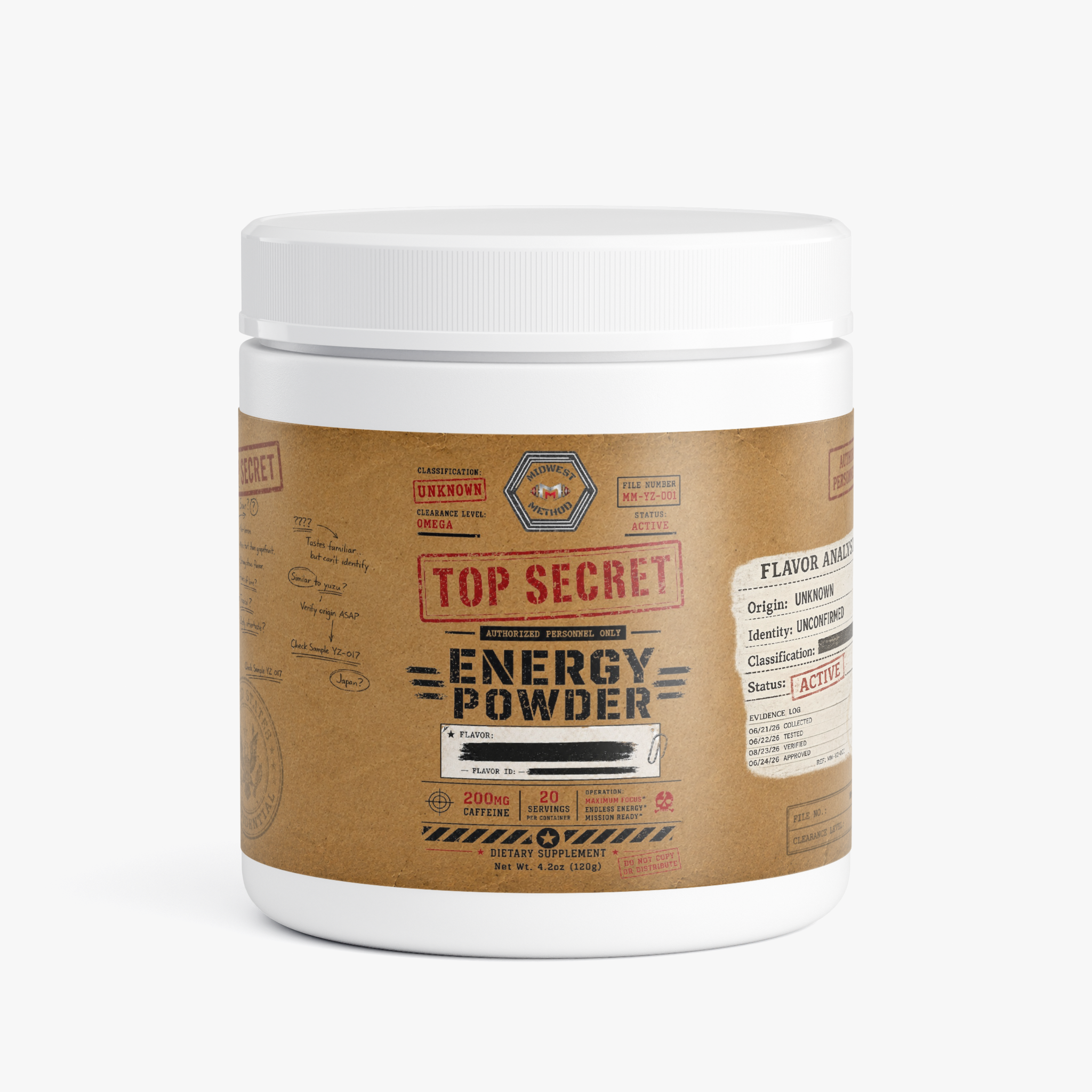 Midwest Method Energy Powder pre-workout supplement label with vibrant design and product information.
