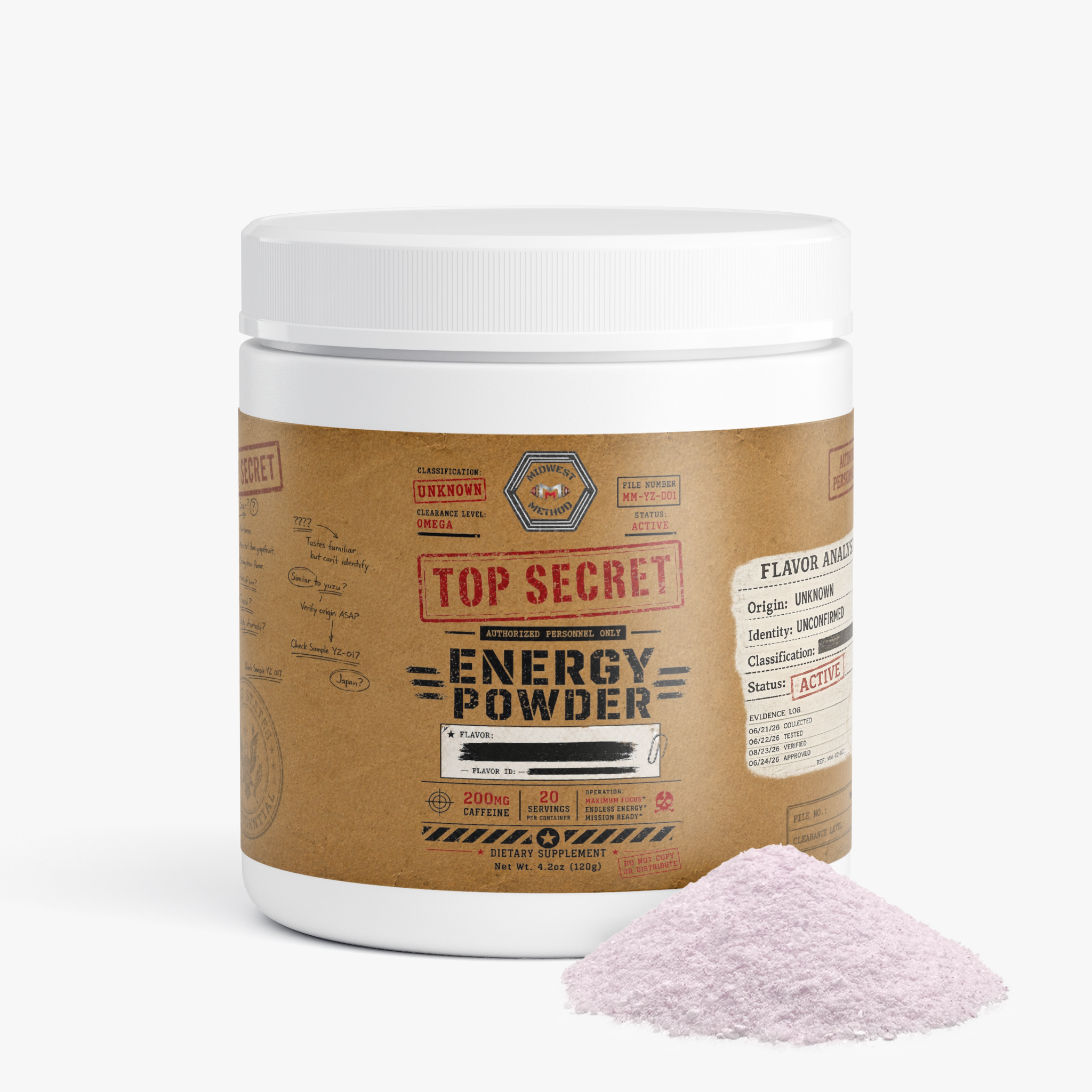 Top Secret Energy Powder pre-workout supplement by Midwest Method, showing the colorful label on the container.