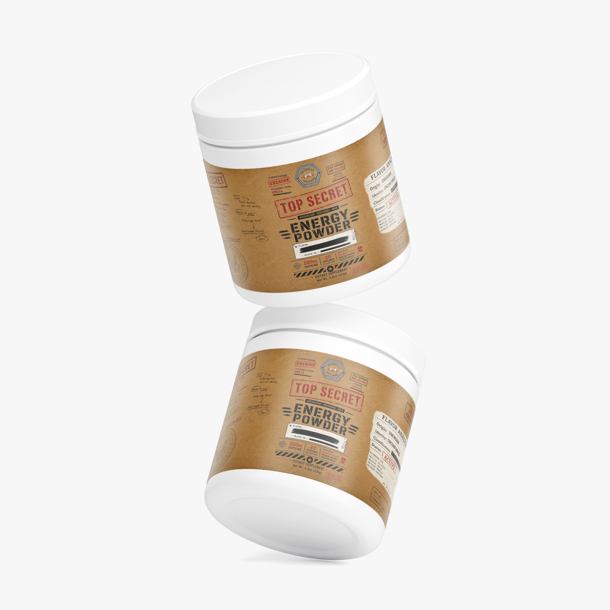 Top Secret Energy Powder by Midwest Method pre-workout supplement in a colorful container with label details visible.