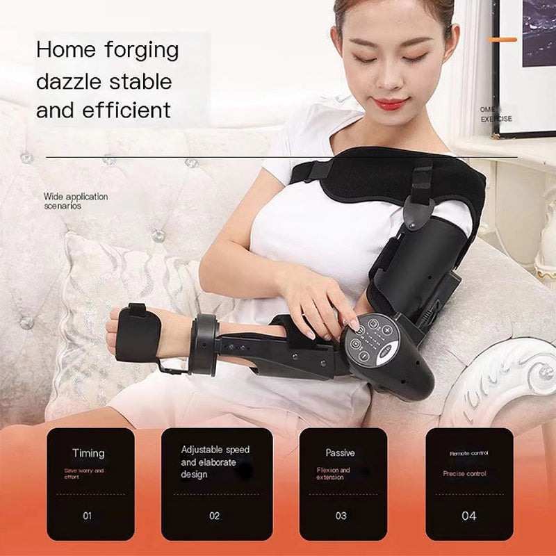Electric elbow exercise device for upper arm flexion and extension training, with adjustable settings and digital controls.