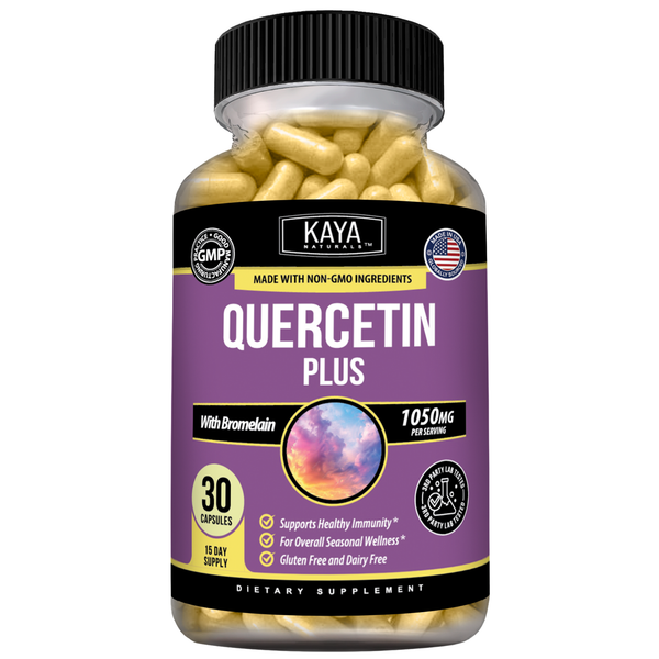 Bottle of Kaya Naturals Quercetin Plus supplement with label showing natural herbal ingredients and dosage information.