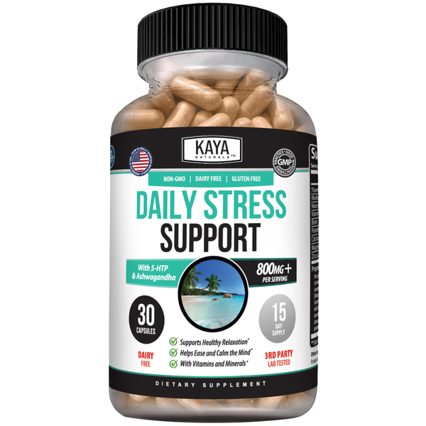 Kaya Naturals Daily Stress Support supplement bottle with label, featuring natural stress relief ingredients and calming design.