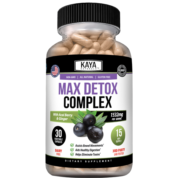 Bottle of Kaya Naturals Max Detox Complete dietary supplement with herbal capsules displayed on a white background.