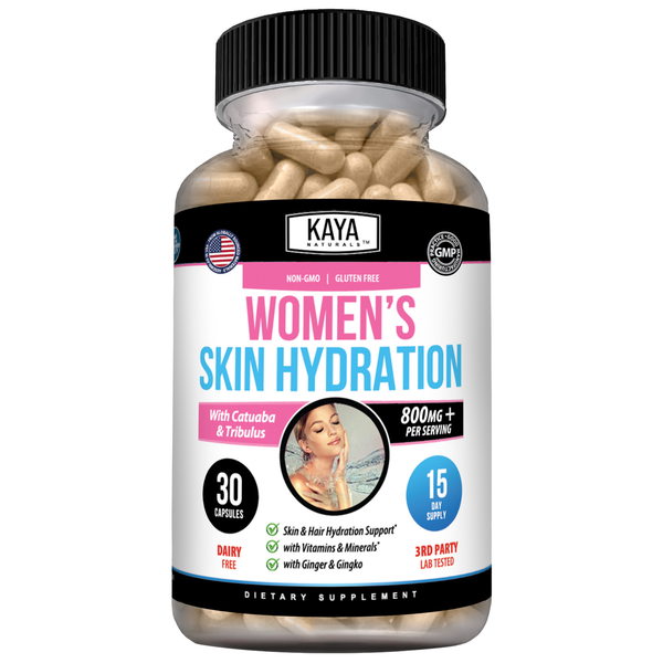 Kaya Naturals Women's Skin Hydration product with a sleek bottle and natural ingredients visible on the label.