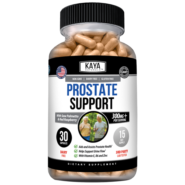 Kaya Naturals Prostate Support supplement bottle with label, showing capsules and natural herbal ingredients for prostate health.