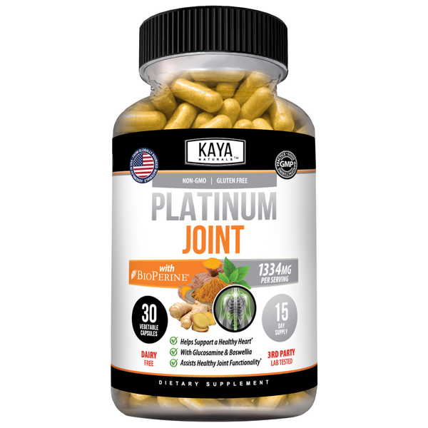 Kaya Naturals Platinum Joint supplement bottle with label, showcasing the product designed to support joint health.