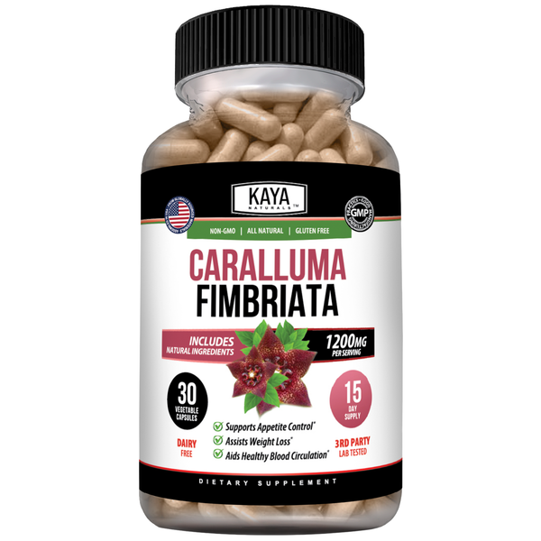 Caralluma Fimbriata supplement bottle from Kaya Naturals, appetite support product with label visible on white background.