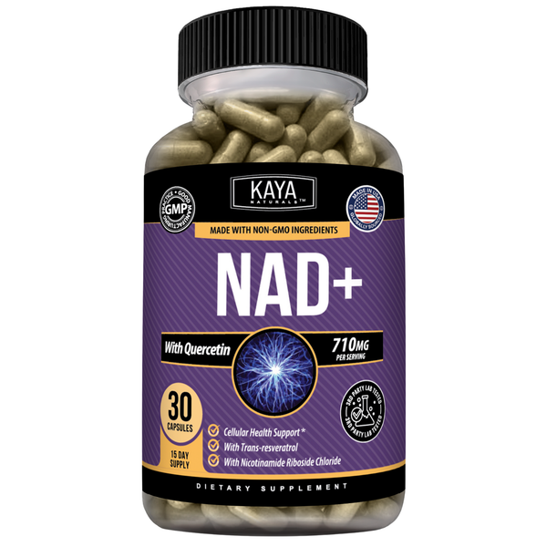 Kaya Naturals NAD+ supplement bottle with label, featuring a white cap and sleek design on a plain background.