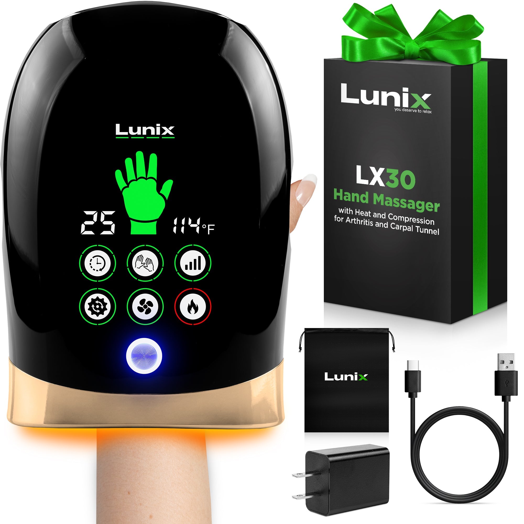 Lunix LX30 rolling hand massager in charcoal black with kneading, compression, heat, and cooling fan features, displayed on a white background.