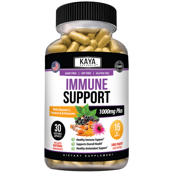 Kaya Naturals immune support supplement bottle with herbal ingredients and natural health ingredients on a white background.