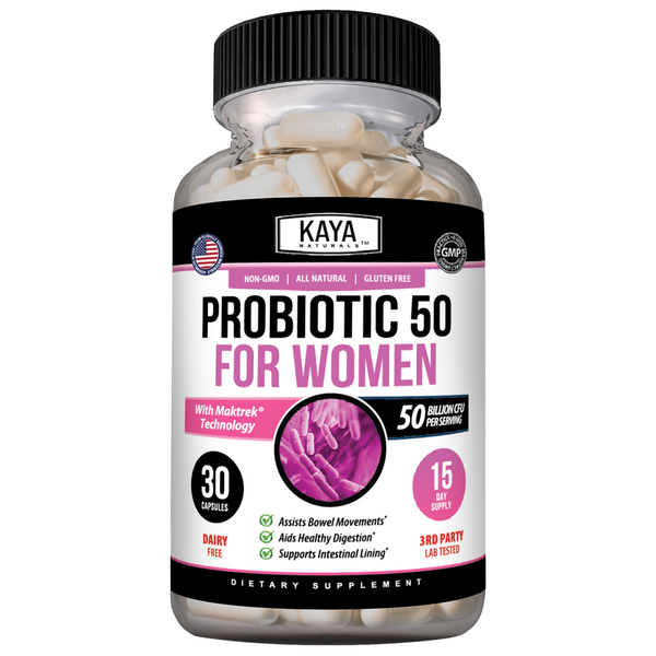 Women's probiotic supplement by Kaya Naturals with 50 billion CFU, featuring capsules in a white bottle on a neutral background.