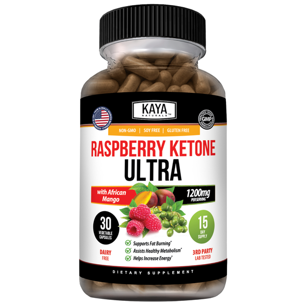 Bottle of Kaya Naturals Raspberry Ketones supplement with raspberry fruit and natural ingredients on a clean white background.