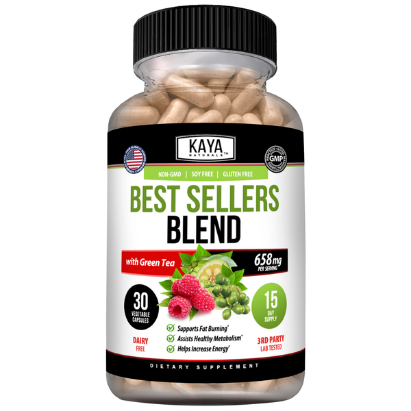 Kaya Naturals Best Sellers Blend in a clear glass jar with a label, showcasing a colorful herbal tea or spice blend.