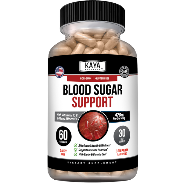 Blood Sugar Support supplement bottle by Kaya Naturals, featuring capsules on a white background.