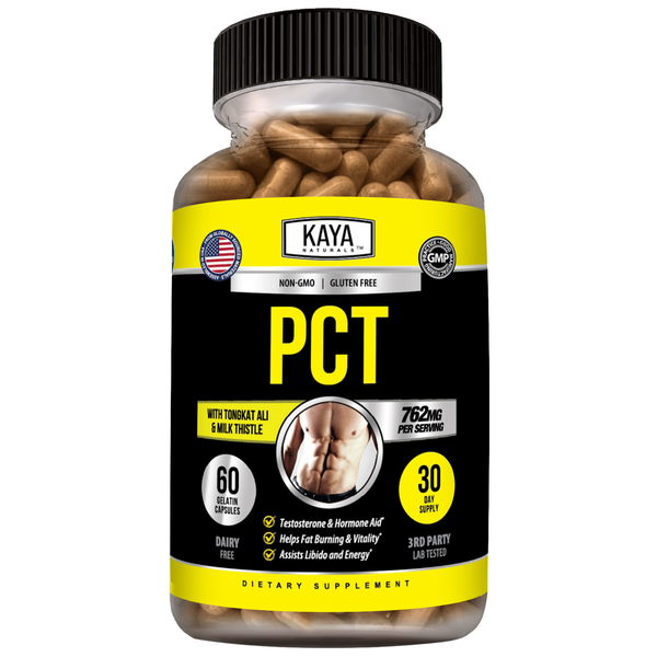 Kaya Naturals PCT Men's Hormonal Support supplement bottle with label and capsules in clear view.