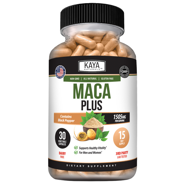 Dried organic Maca root from Kaya Naturals, showing a close-up of the earthy, beige tubers with roots and leaves attached.