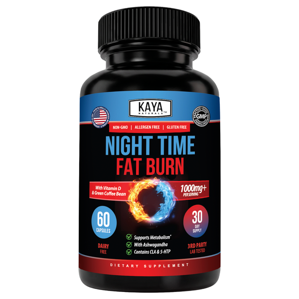 Kaya Naturals Nighttime Fat Burn supplement bottle with label, featuring natural ingredients and product branding.