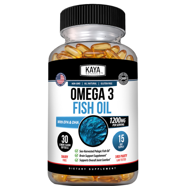 Kaya Naturals Omega-3 Fish Oil supplement capsules with clear softgel containers on a white background.