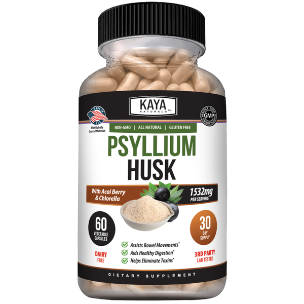 Kaya Naturals Psyllium Husk in a clear container, showing fine, light brown powder used for dietary fiber and digestive health.