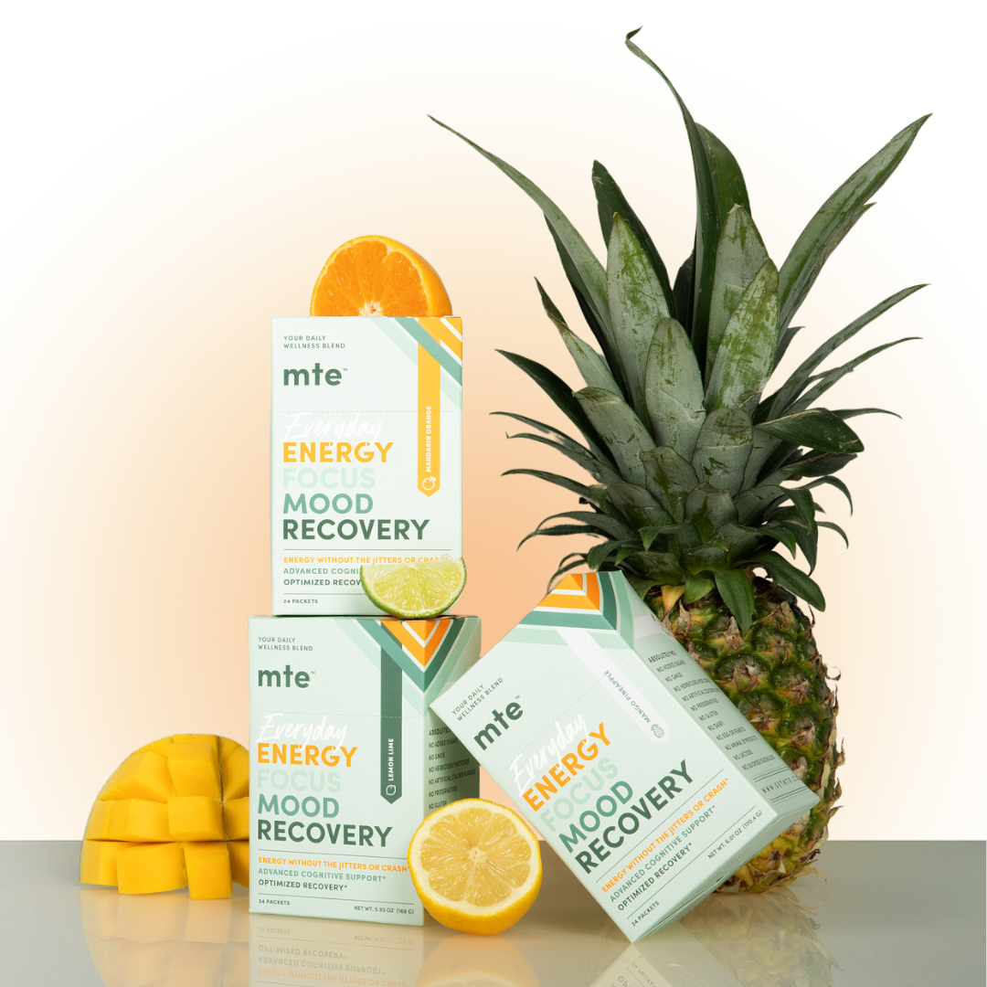GetMTE More Than Energy powder in a container with a scoop, showing the vibrant label and product packaging.