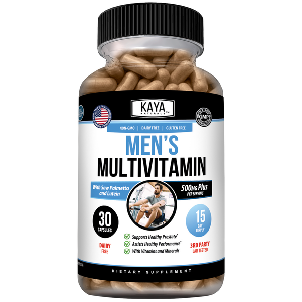 Men’s Daily Multivitamin bottle by Kaya Naturals with colorful label, containing daily multivitamin supplements for men.