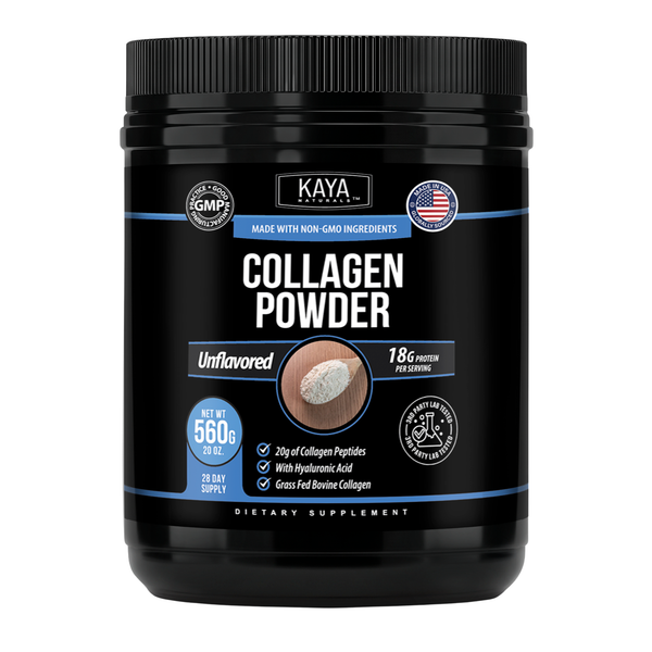 Kaya Naturals collagen powder in a jar, close-up of the white powdered supplement on a neutral background.