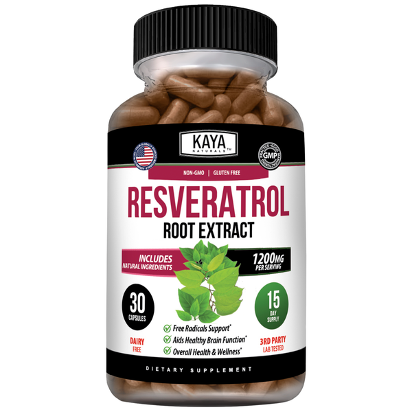 Kaya Naturals Resveratrol supplement bottle with label showing capsules and natural health branding.