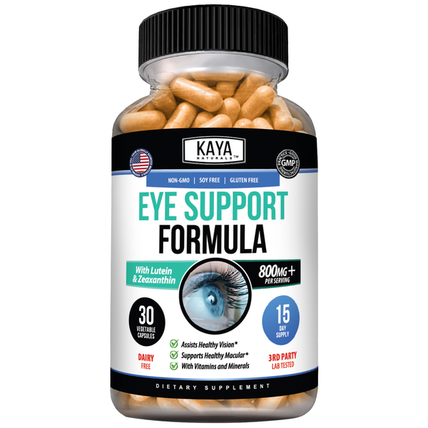 Kaya Naturals Eye Support Formula bottle with supplement capsules, promoting eye health and vision support.