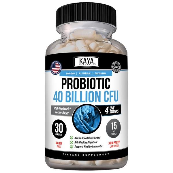 Bottle of Kaya Naturals Probiotic Formula with 40 Billion CFU capsules, showing the supplement label and product packaging.