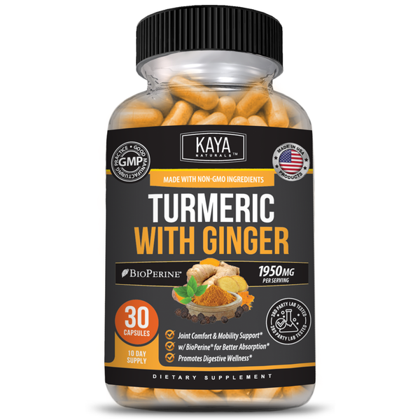 Kaya Naturals turmeric with ginger supplement bottle, showcasing joint and digestive support benefits on the label.