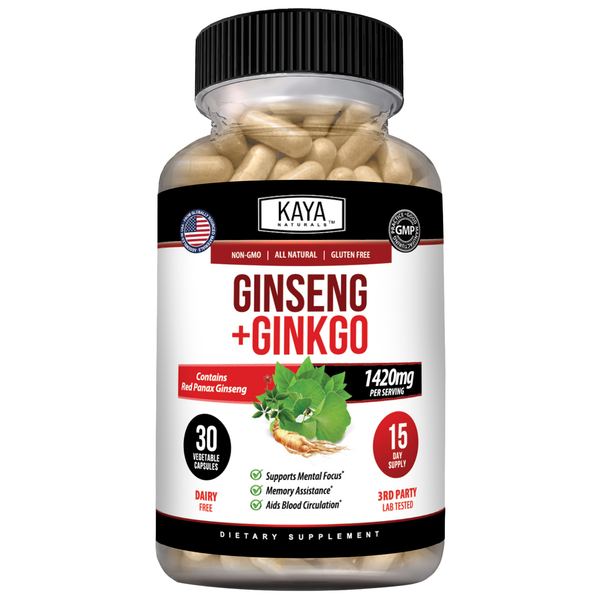 Kaya Naturals Ginseng and Ginkgo supplement bottle with green and white label, showing capsules and herbal ingredients.