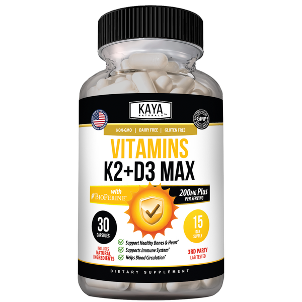 Kaya Naturals Vitamin K2 + D3 Max supplement bottle with capsules on a white background.