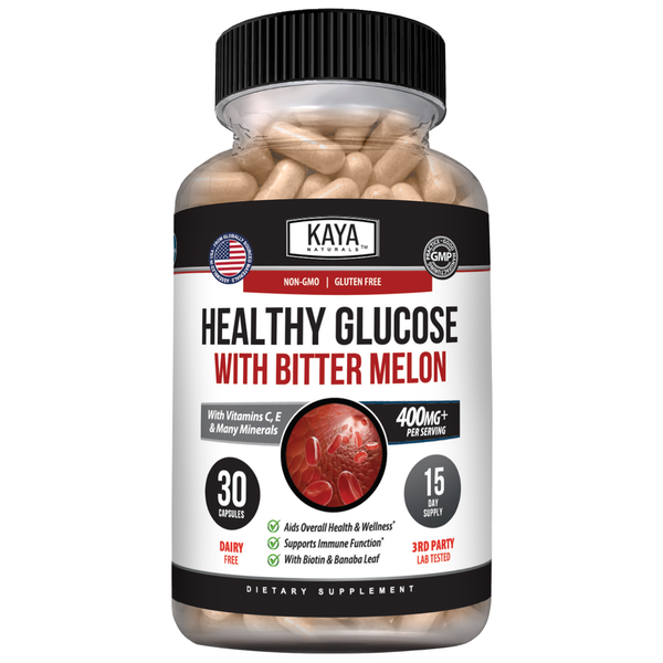 Kaya Naturals Healthy Glucose Support supplement bottle with label showing product details and branding.