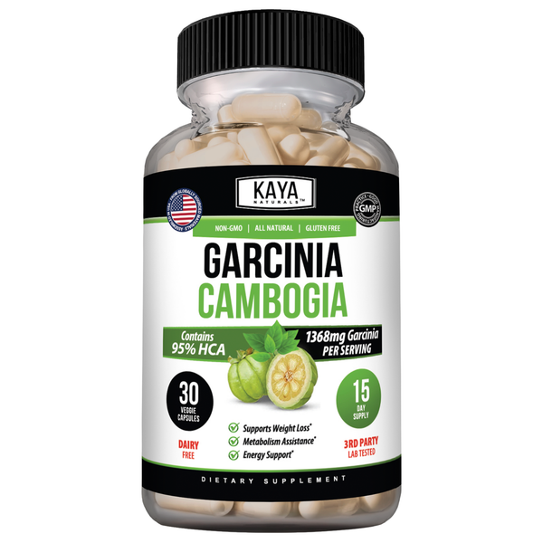 Kaya Naturals Garcinia Cambogia supplement bottle with label, showcasing the natural weight management product.