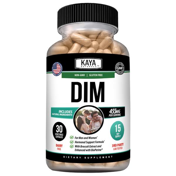 Kaya Naturals DIM hormonal balance support supplement bottle with capsules, natural health product for hormone regulation.