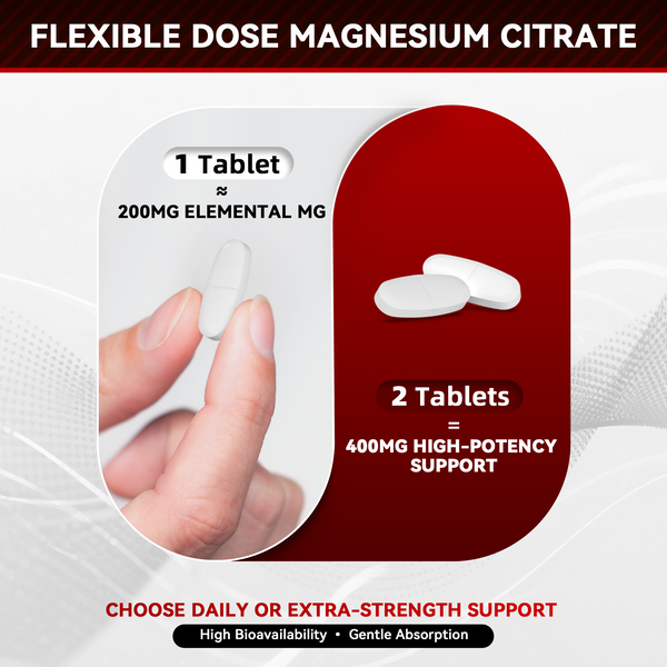 I Love Health Magnesium Citrate 400mg vegetarian tablets for heart health support, shown in a bottle with tablets inside.