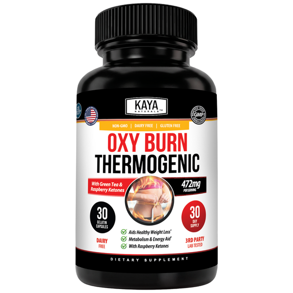 Kaya Naturals Oxy Burn Thermogenic supplement bottle with label, featuring capsules and product branding.