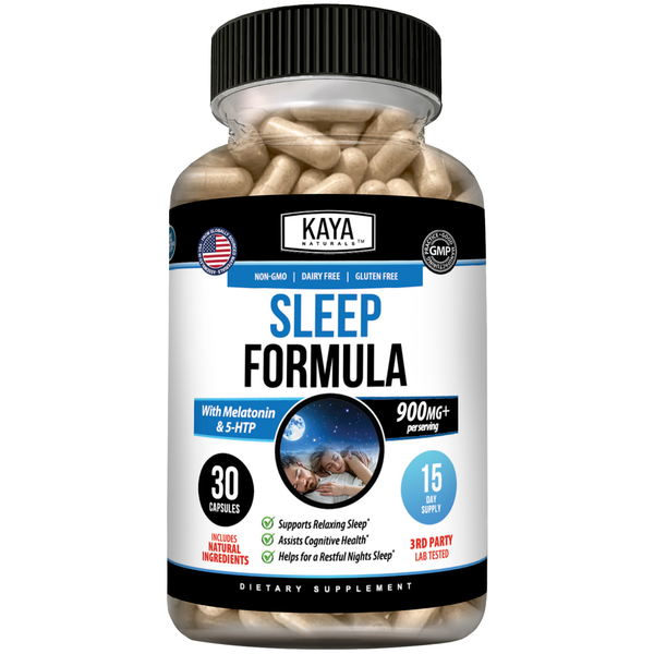 Kaya Naturals Sleep Formula supplement bottle with label showing natural ingredients and product details.