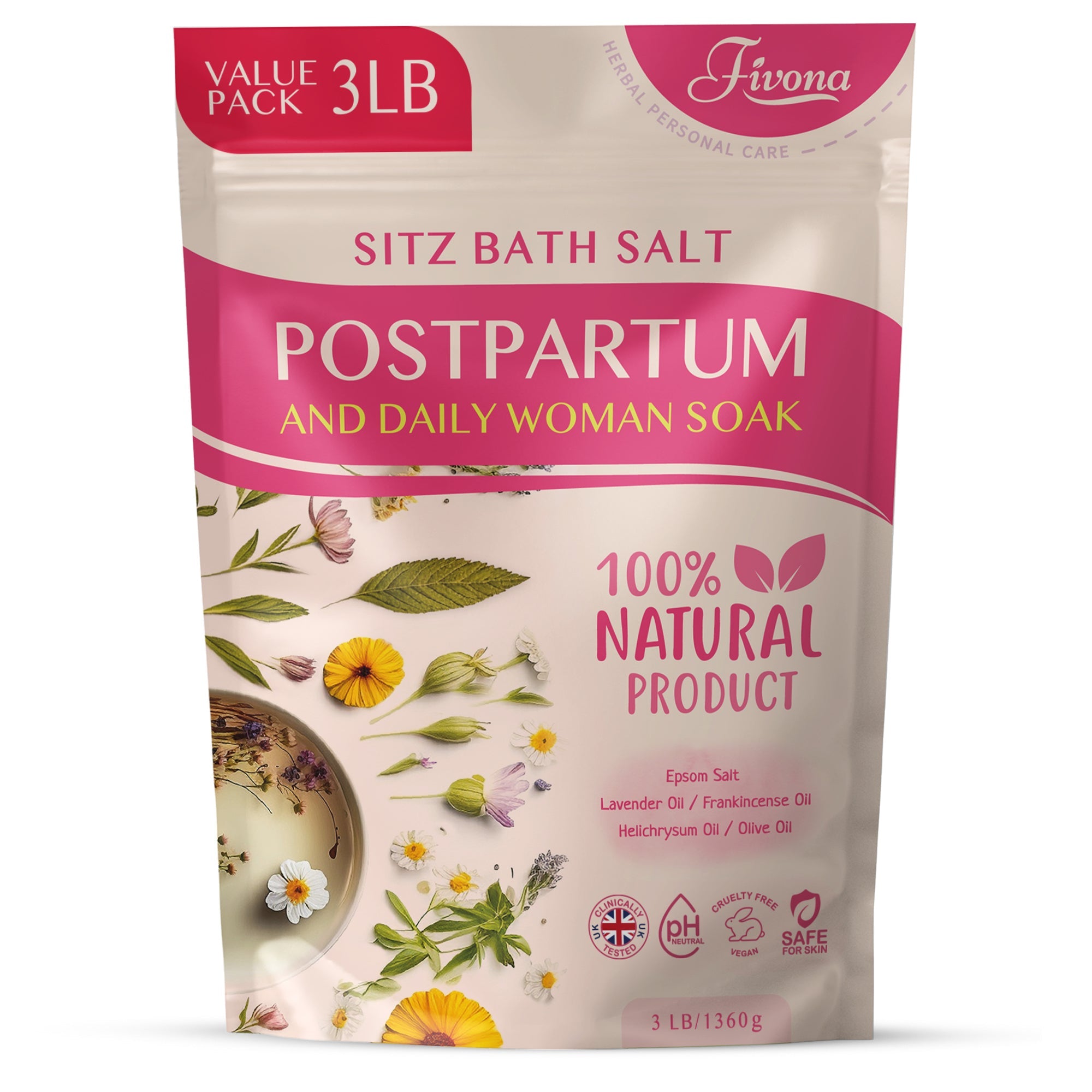 Fivona postpartum sitz bath soak blend in a 48oz container, designed for soothing postpartum comfort and recovery.