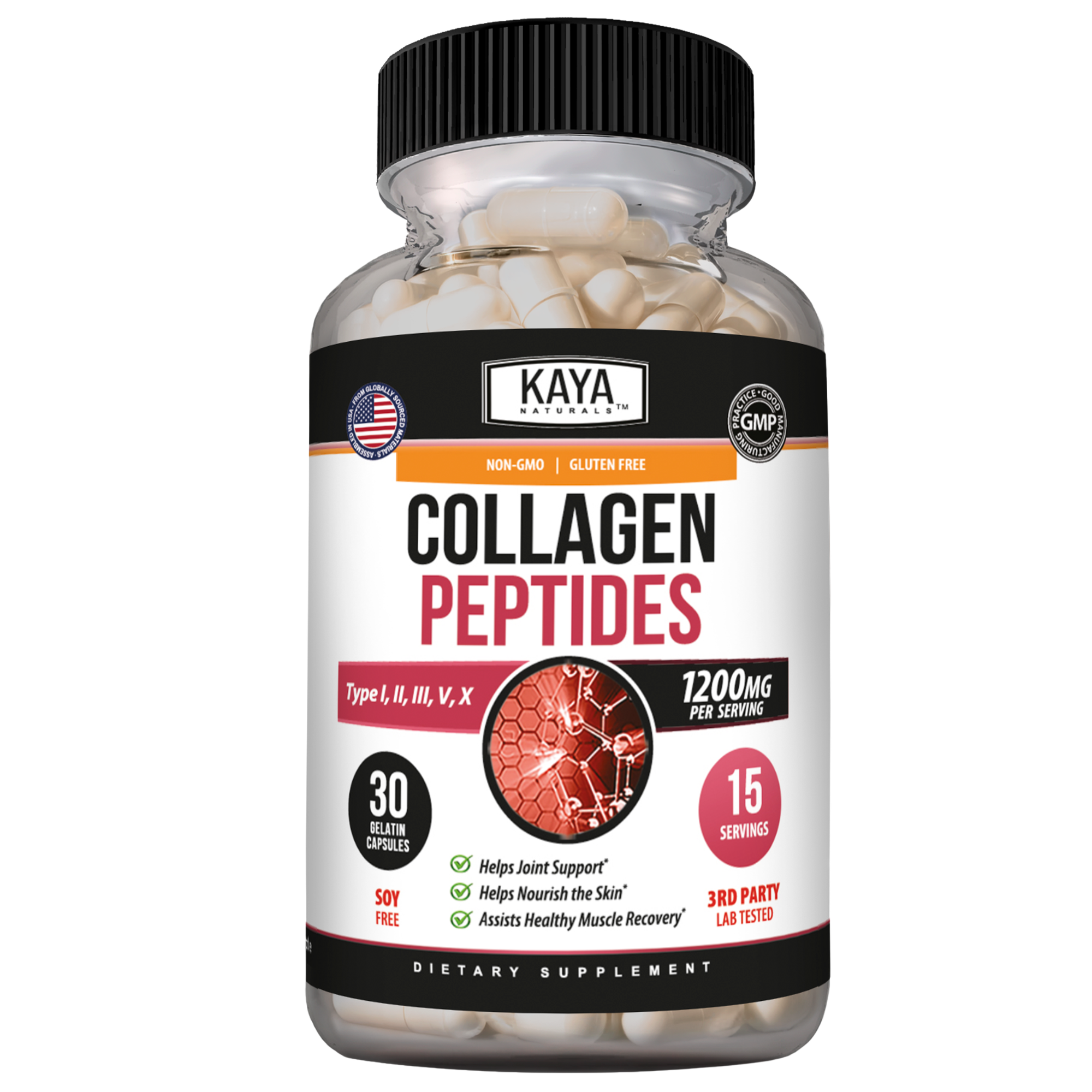 Kaya Naturals collagen peptides powder in a clear jar with a scoop, showing the white supplement powder inside.