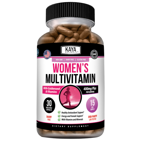 Bottle of Kaya Naturals women’s daily multivitamin supplement with colorful tablets in a clear container.