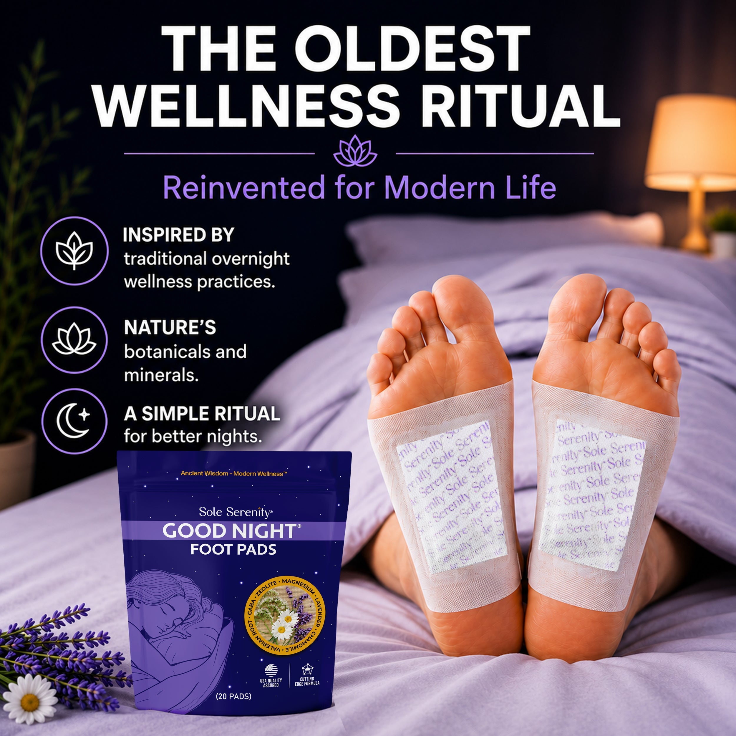 Lure Essentials Good Night Sleep and Detox Foot Pads placed on soles for cleansing and relaxation therapy.