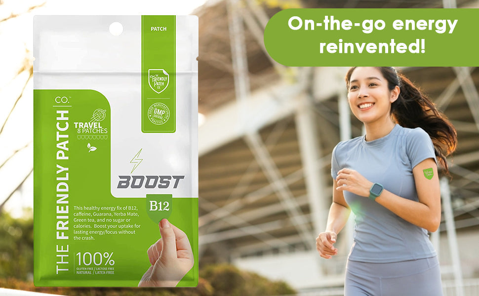Two green tea and guarana energy patches from Friendly Patch Co, designed to boost energy with caffeine in a wearable skin supplement.